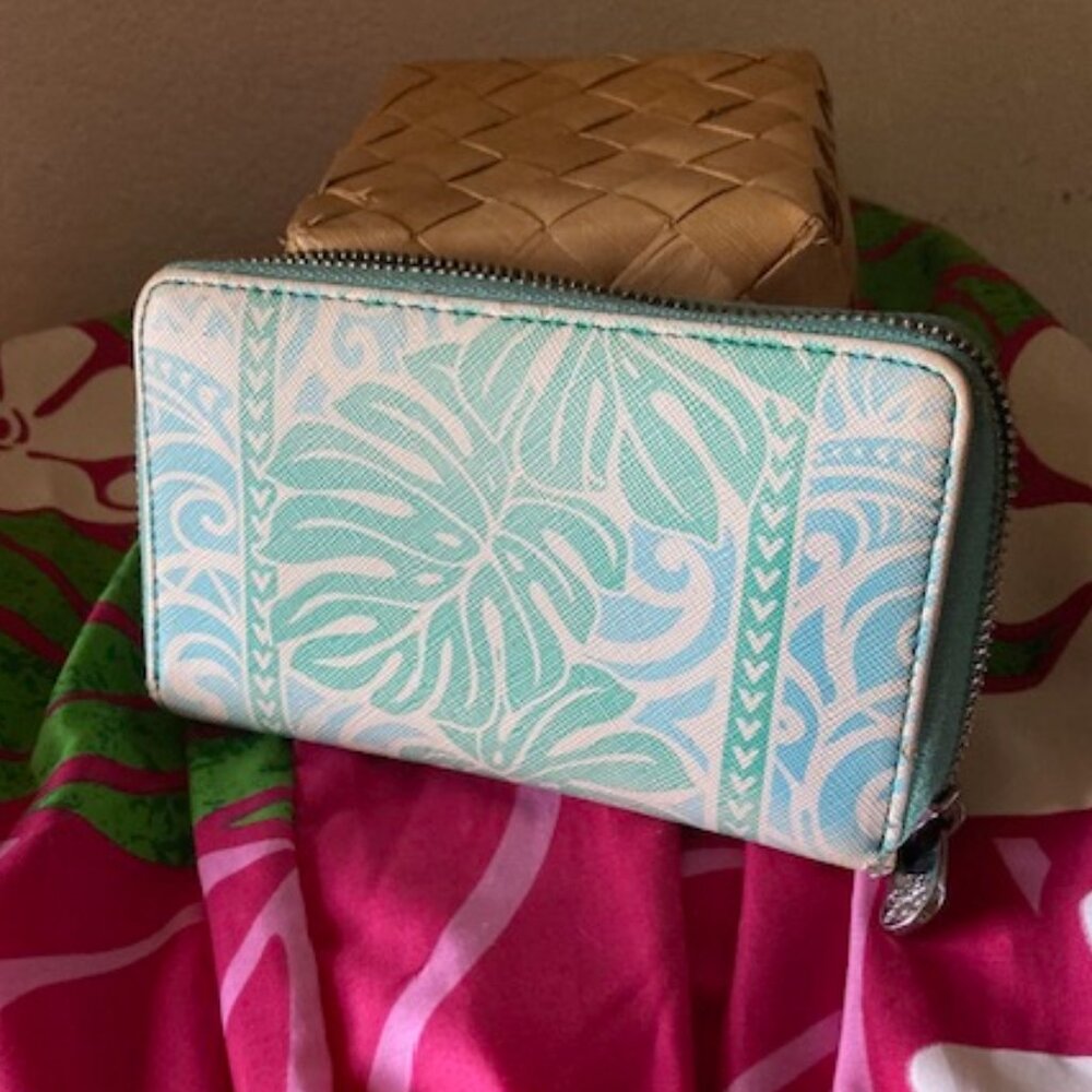 HAPPY WAHINE HAWAIIAN WAI WAI MONSTERA VEGAN ZIP CARD SLOT $ ZIP AROUND HONOLULU